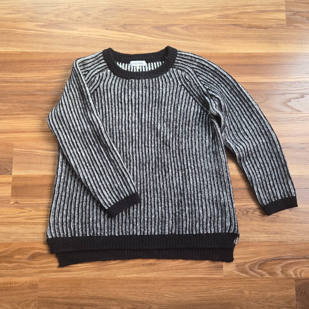 CALVIN KLEIN Womens White Black Stripes Long Sleeve Sweater Size Medium